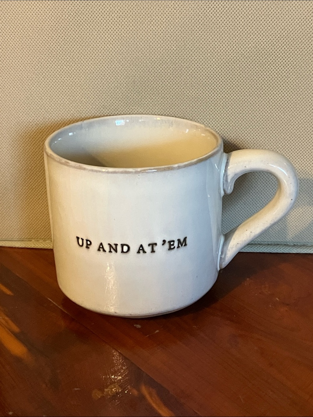 Hearth And Hand Magnolia Stoneware Mug Cup “Up And At Em” Light Gray Glossy